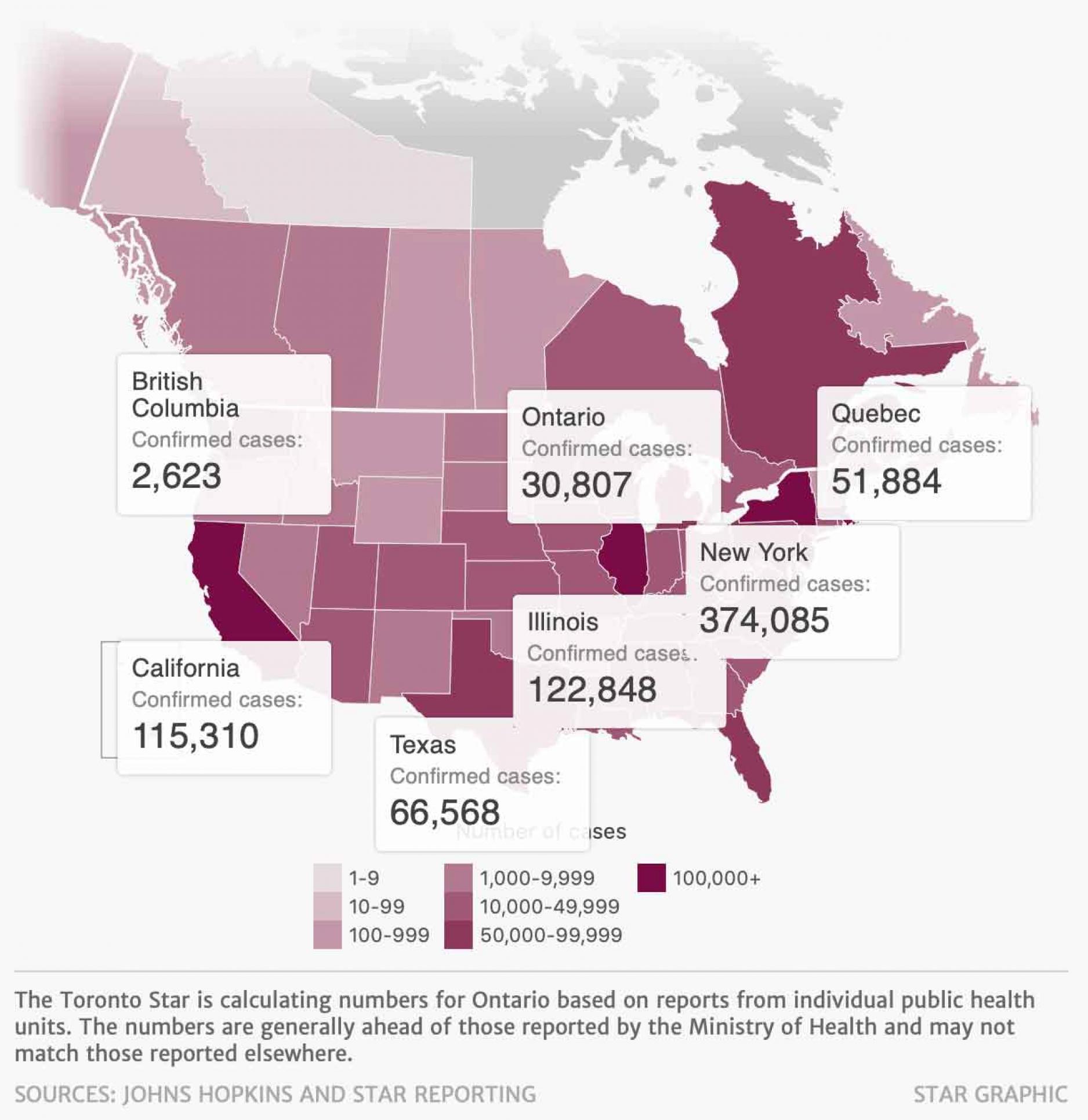 Confirmed coronavirus cases in Canada and the U.S. Confirmed coronavirus cases in Canada and the U.S.